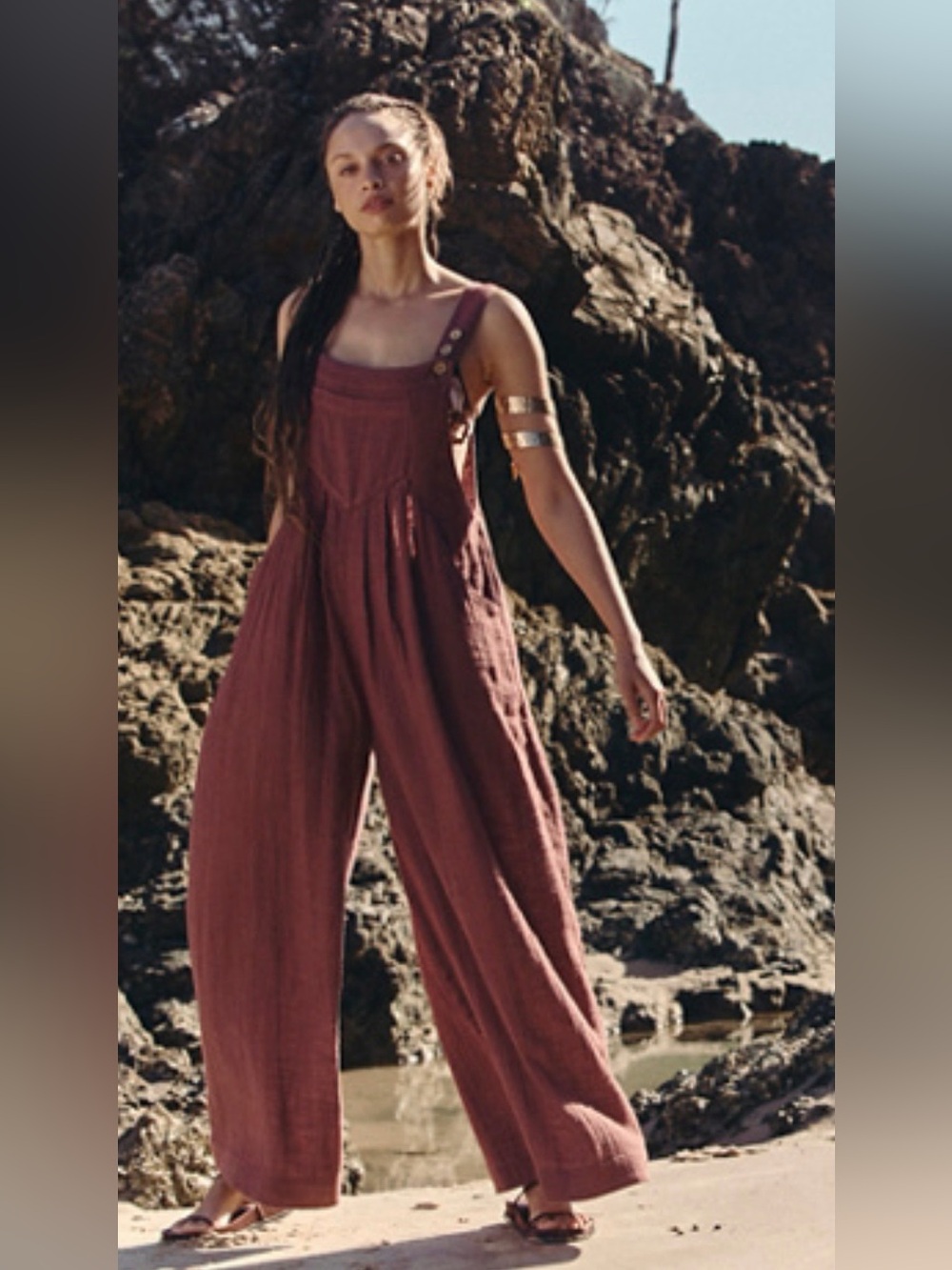 Free People sun drenched Rust Red Wide-Leg Linen Jumpsuit